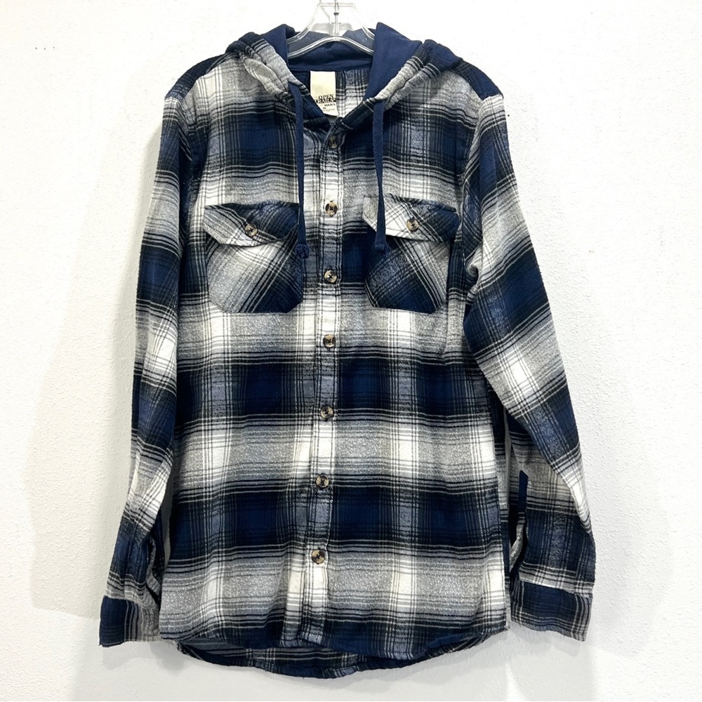 Open Trails Mens Hooded Blue and Grey Button Up Flannel Shacket Size Medium